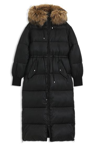 Puffer jakke BOSS Long Water-Repellent Puffer Parka with Detachable Faux Fur Hood Trim and Sleeves Sort | 50547222