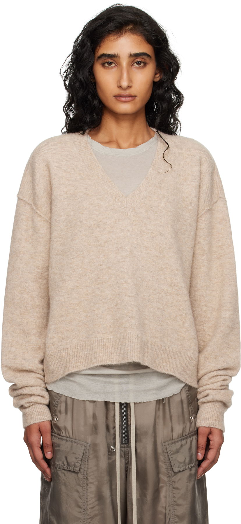 Sweater Rick Owens Rick Owens Tommy V-Neck Sweater Beige | RP02E4650 KWP