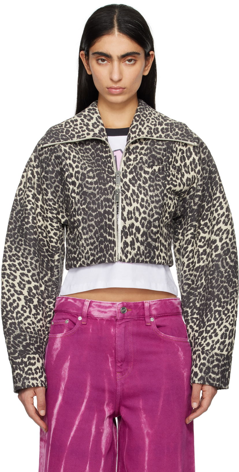 Bomberjakke GANNI Ganni Leopard Print Curve Sleeve Cropped Jacket Beige | W0235