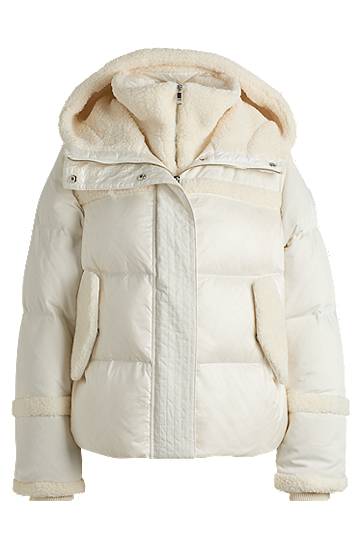 Puffer jakke BOSS Water-Repellent Puffer Jacket with Teddy Trim Hvid | 50524479