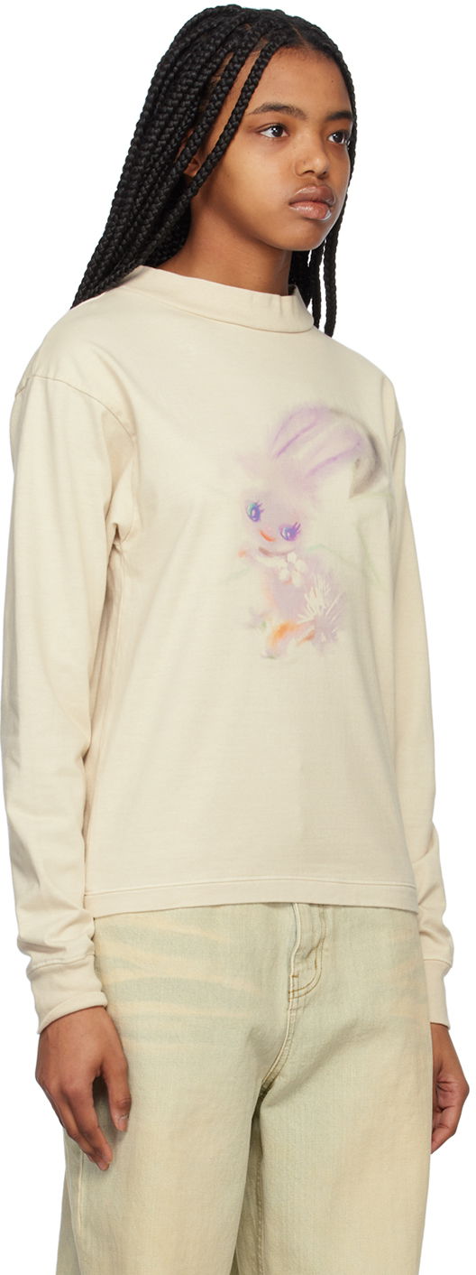 Sweater We11done We11done Crewneck Long Sleeve T-Shirt with Bunny Print Beige | WD-TT1-23-792-U-IV, 1