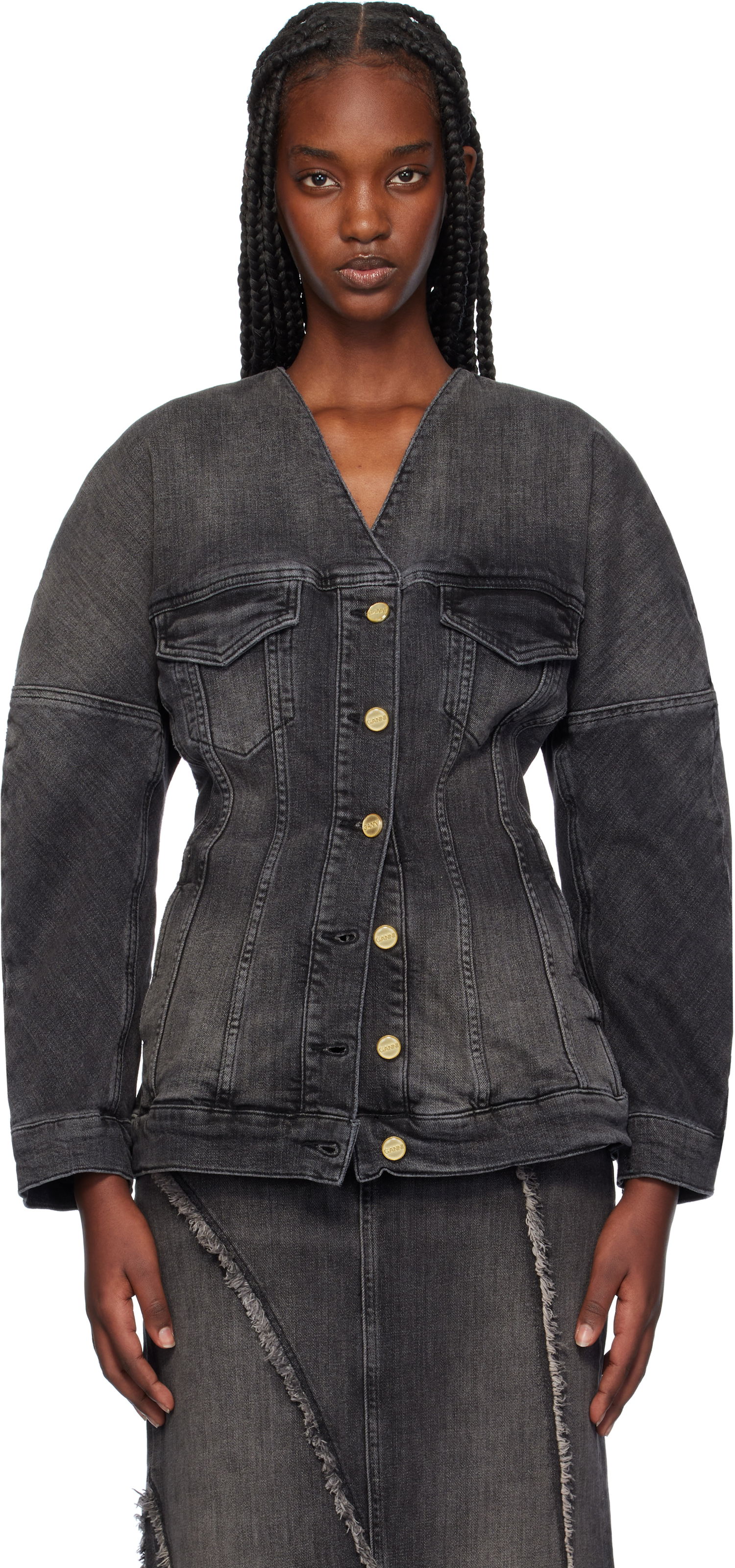 Jakke GANNI Fitted Denim Button Up Jacket Sort | J1529, 0
