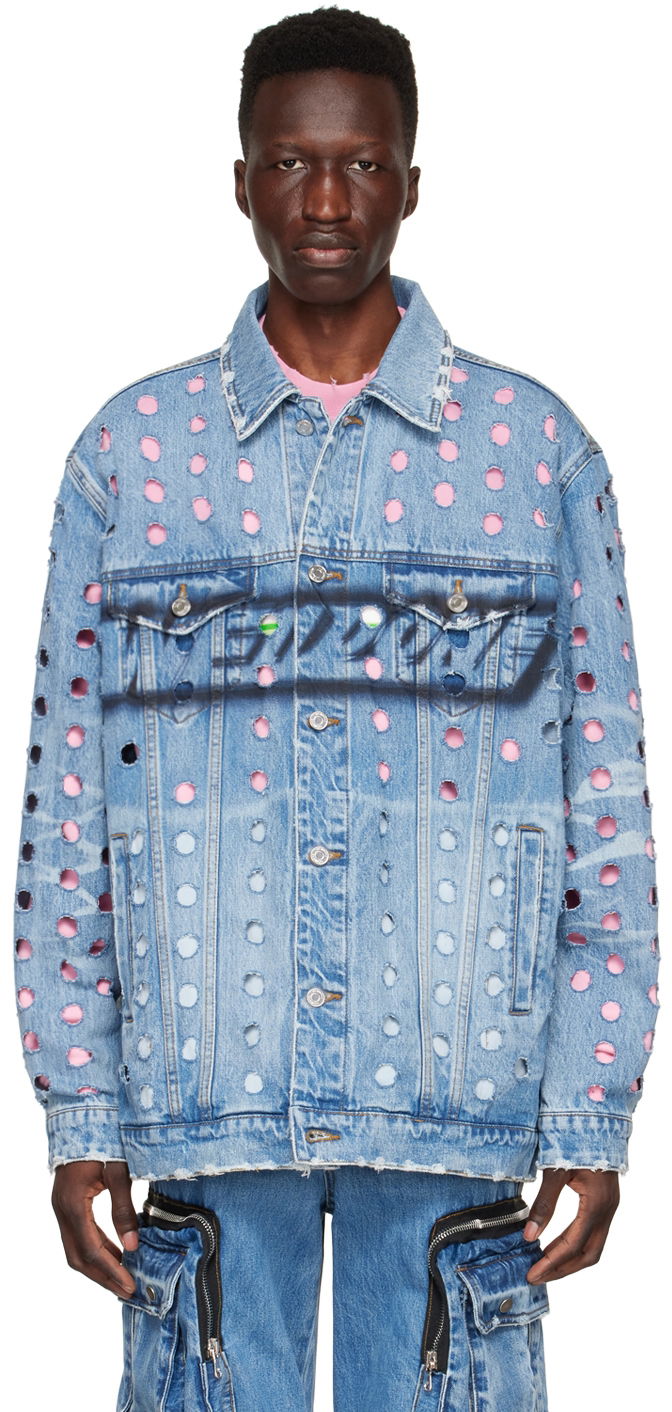 Jakke We11done We11done Logo Distressed Denim Jacket Blå | WD-DJ1-22-355-U-BL