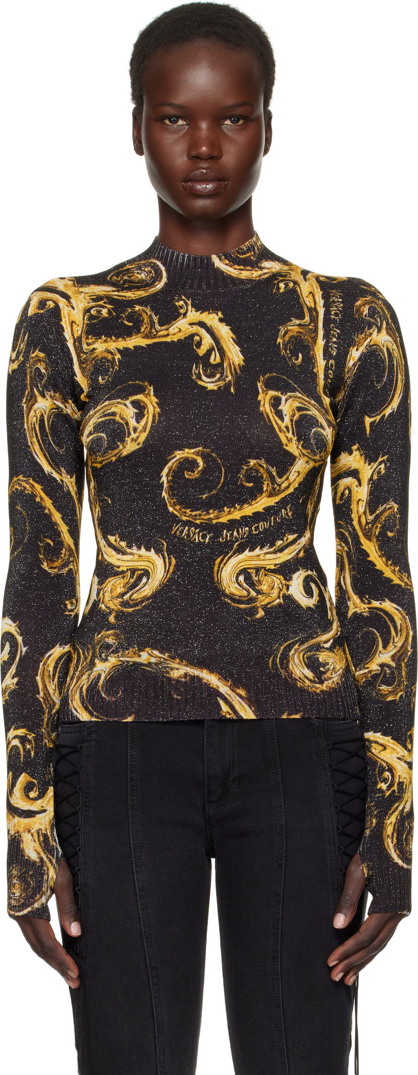 Sweater Versace Black & Gold Knit Lurex Sweater Sort | E77HAFM24_ECMN80