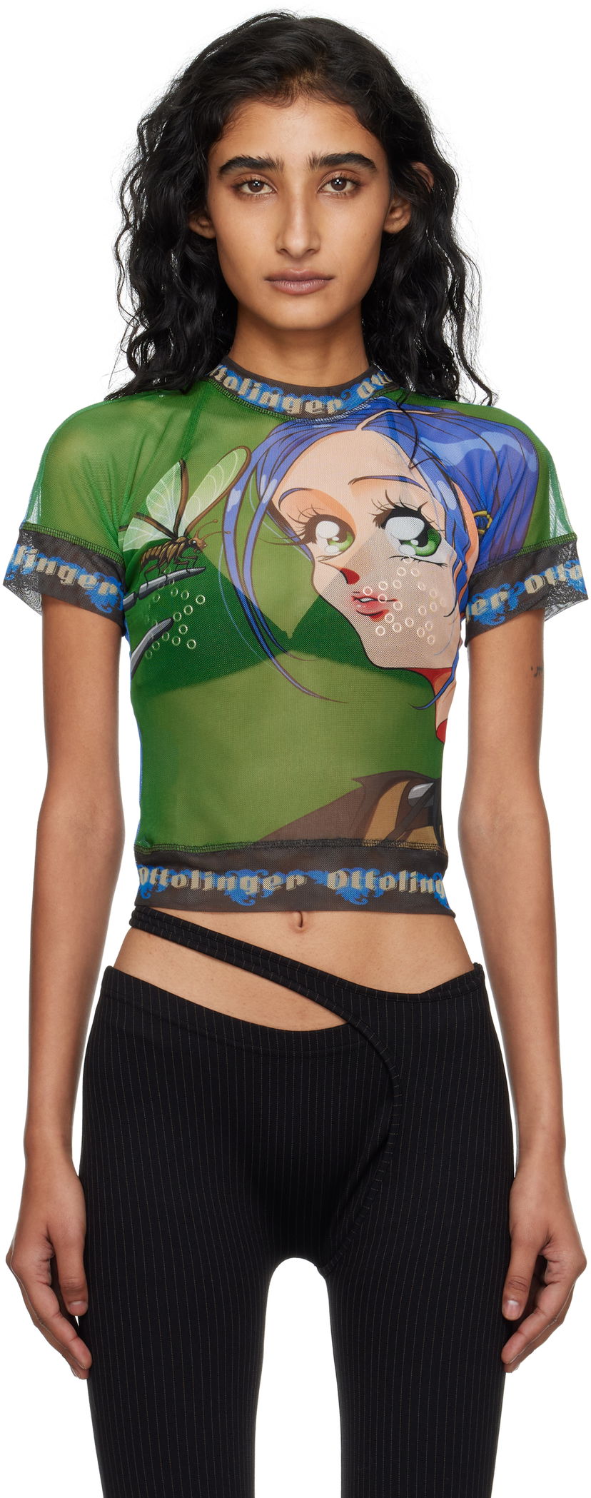 T-shirt Ottolinger Ottolinger Anime Girl Graphic Mesh T-Shirt Grøn | 101-100401-05