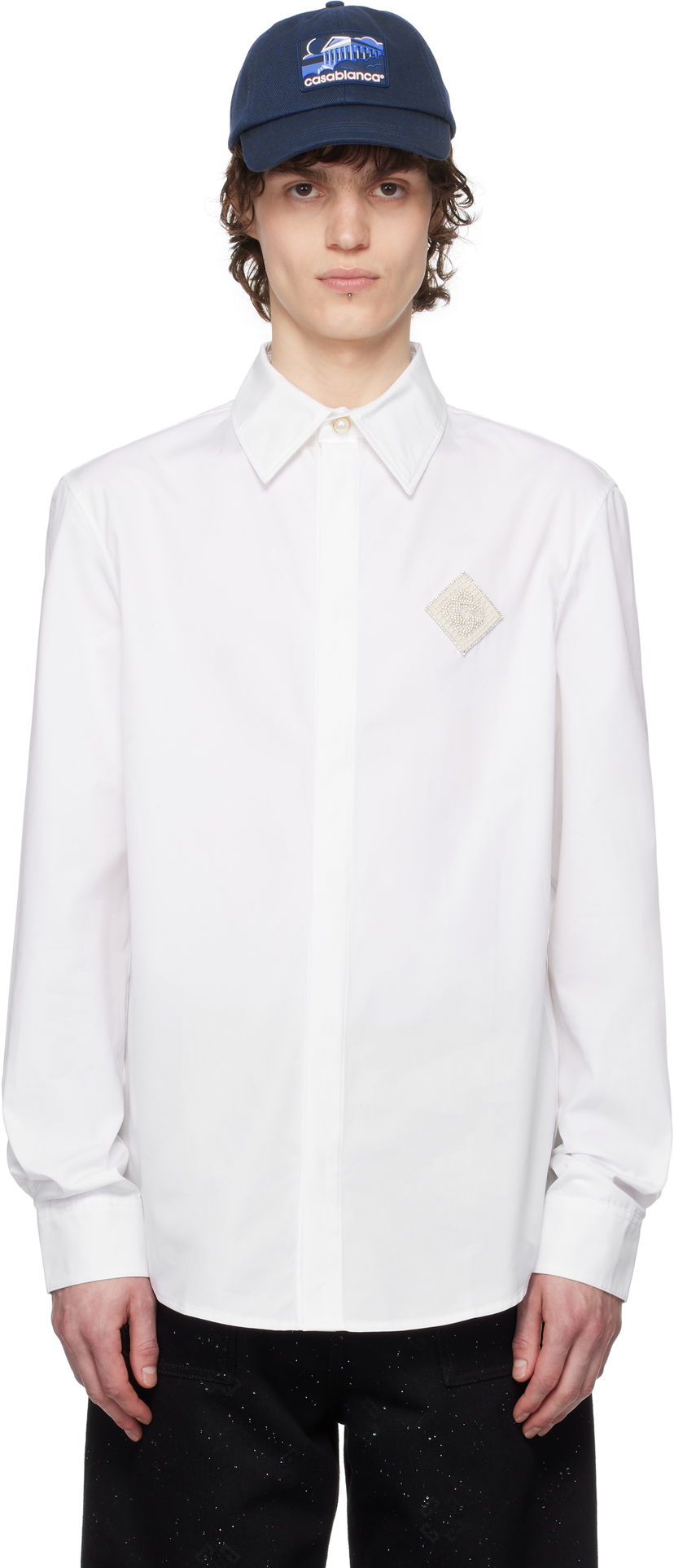 Skjorte Casablanca Casablanca Pearl Diamond Patch Cotton Shirt Hvid | MPS25-SH-139-01