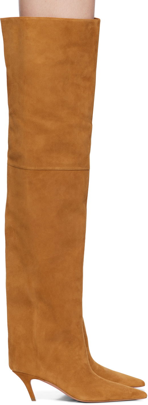 Kjole Amina Muaddi Amina Muaddi Fiona Thigh-High Suede Boots Brun | FIONA THIGH BENDED HEEL SUEDE