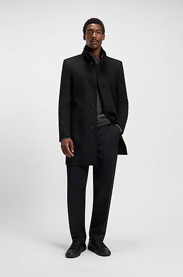Frakker BOSS Slim-fit Stand-collar Coat in Wool and Cashmere Sort | 50551078, 1