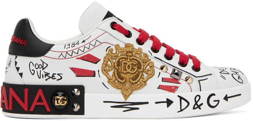 Sneakers og sko Dolce & Gabbana White Portofino Embroidery & Studs Sneakers Flerfarvet | CS1772AH494