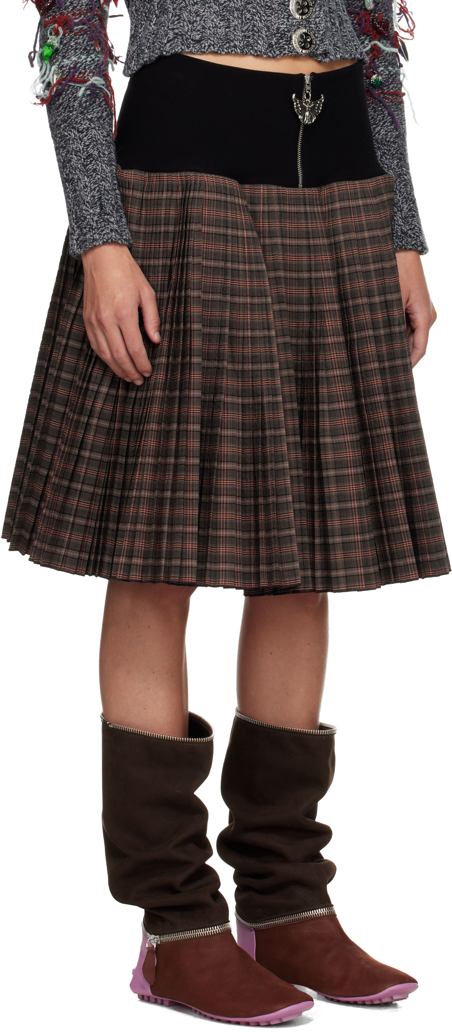 Nederdel Chopova Lowena Chopova Lowena Pleated Plaid Knee Midi Skirt Brun | 3274, 1