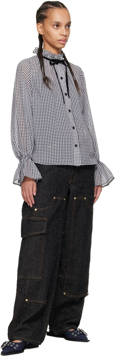 Skjorte GANNI Ganni Sheer Check Tie-Neck Blouse Hvid | W0155, 3