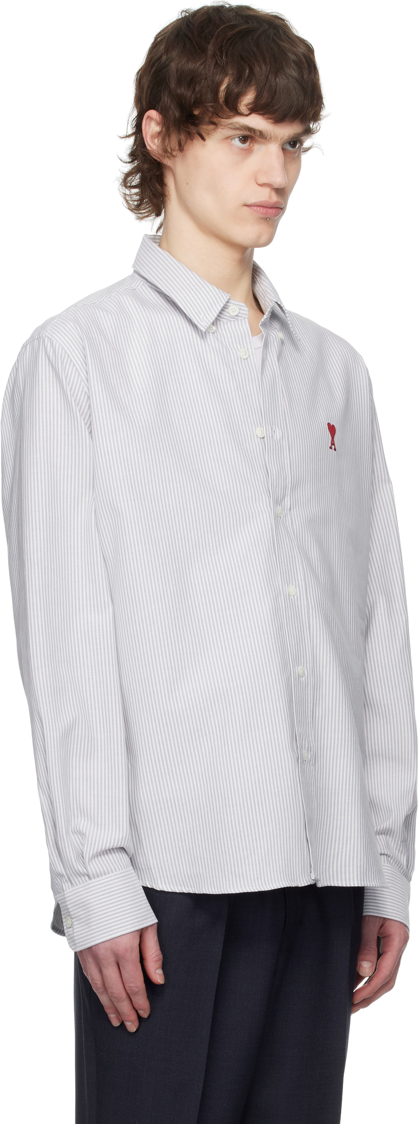 Skjorte AMI AMI Cotton Striped Button-Down Ami de Coeur Shirt Hvid | USH063.CO0087, 1