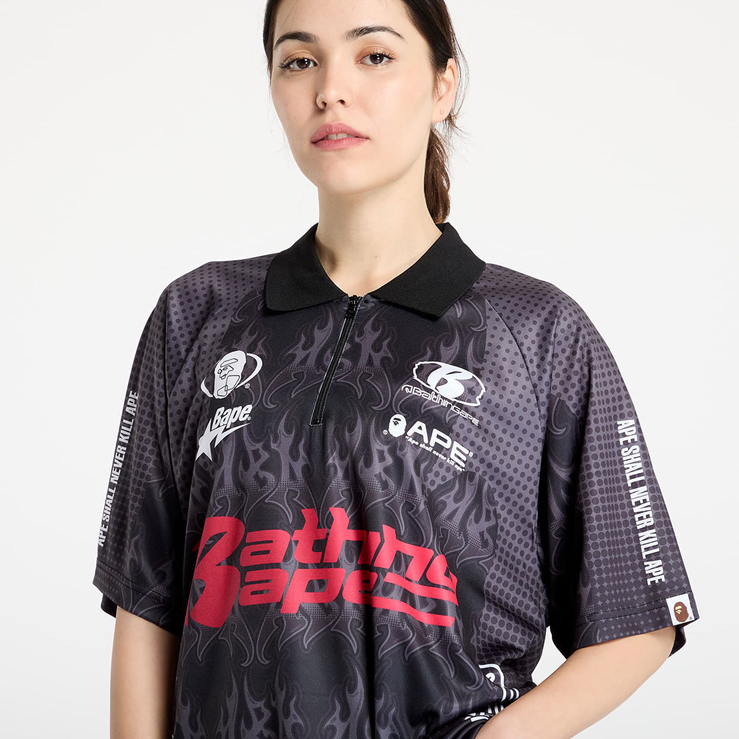 Polo skjorte BAPE A BATHING APE Flame Pattern Overall Print Half Zip Relax Fit Polo Shirt Sort | 001POL301304MBLK, 1