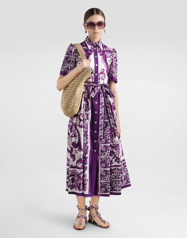 Kjole Dolce & Gabbana Dolce & Gabbana Majolica Print Poplin Shirt Dress Lilla | F6JFNTFI5JPHP5DQ, 1