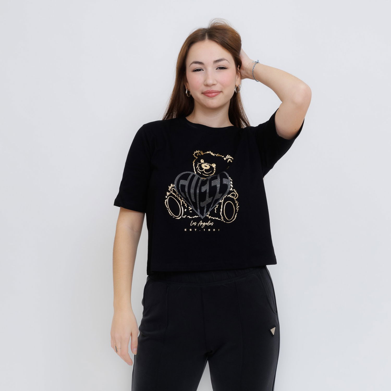 Crop top GUESS Guess Rhinestone Bear Boxy T-Shirt Sort | V5RI09I3Z14-JBLK, 0