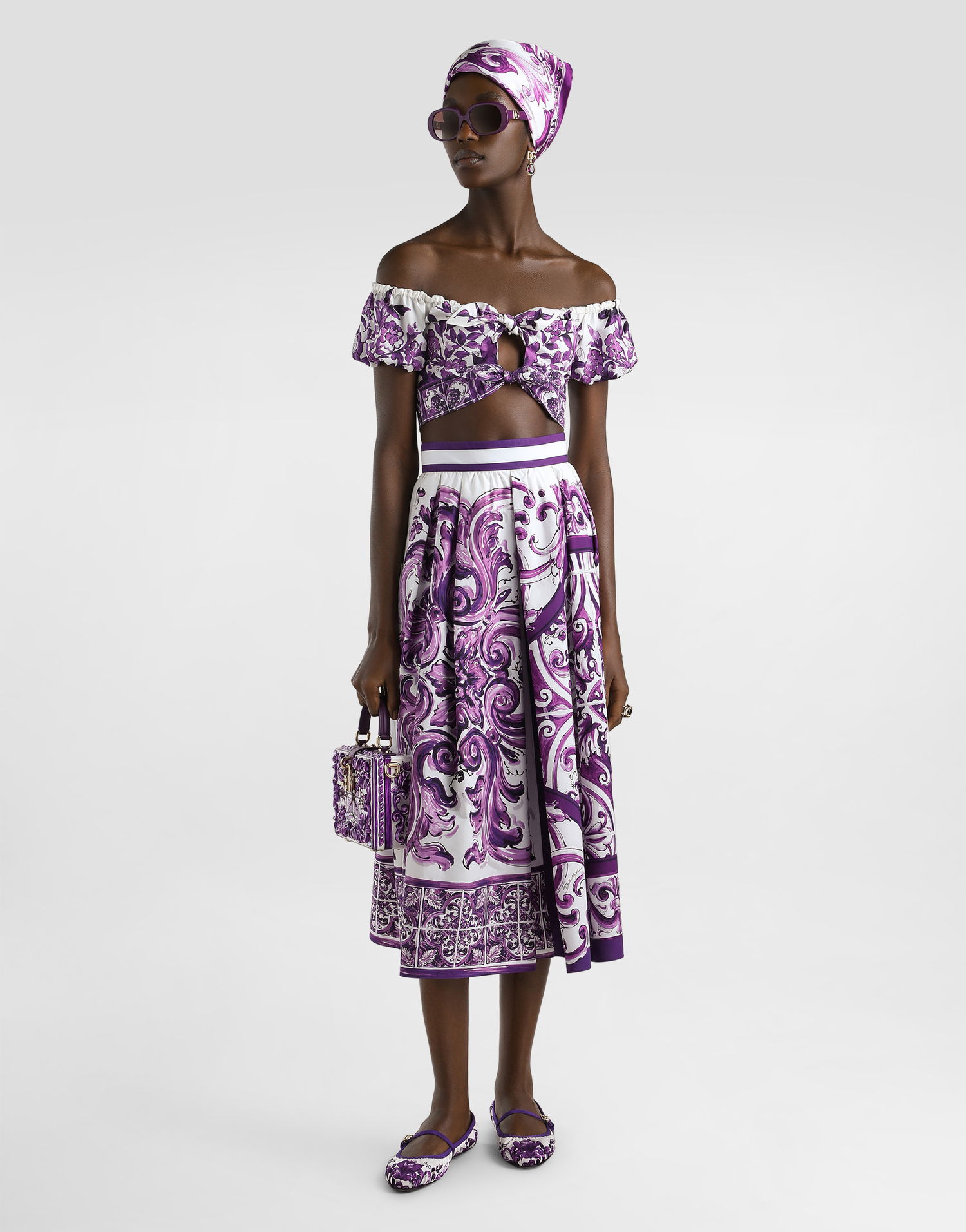 Crop top Dolce & Gabbana Dolce & Gabbana Majolica-Print Poplin Off-Shoulder Tie-Front Top Lilla | F7AV0THH5EPI13TN, 1