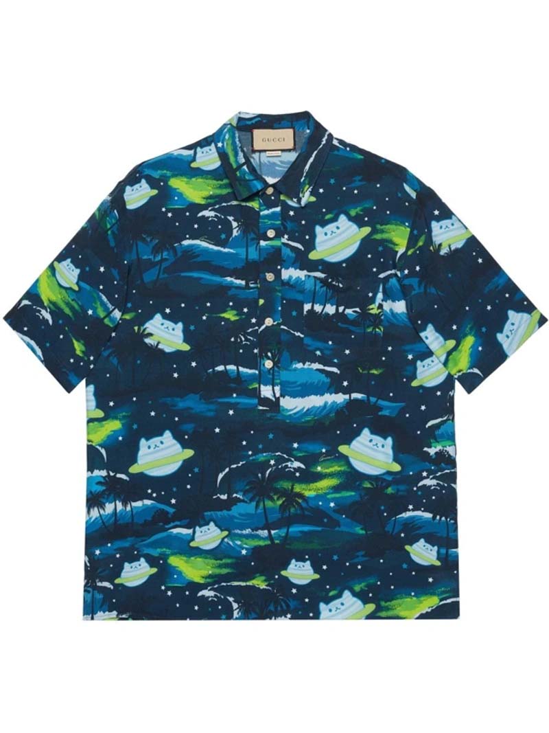Skjorte Gucci Abstract-Print Short-sleeved Shirt Blue Blå | 694143 ZAJAT 4606