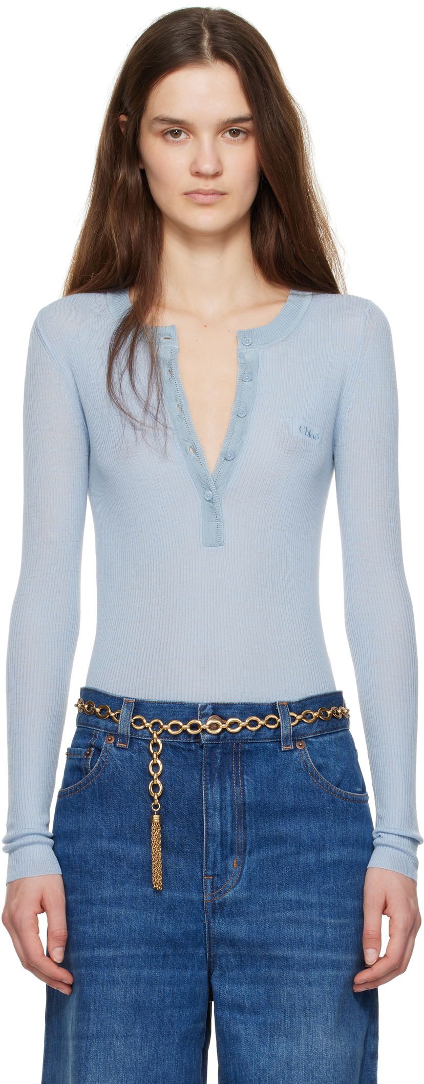 Krop CHLOÉ Chloe Long Sleeve Henley Top Blå | CH24WMP51667