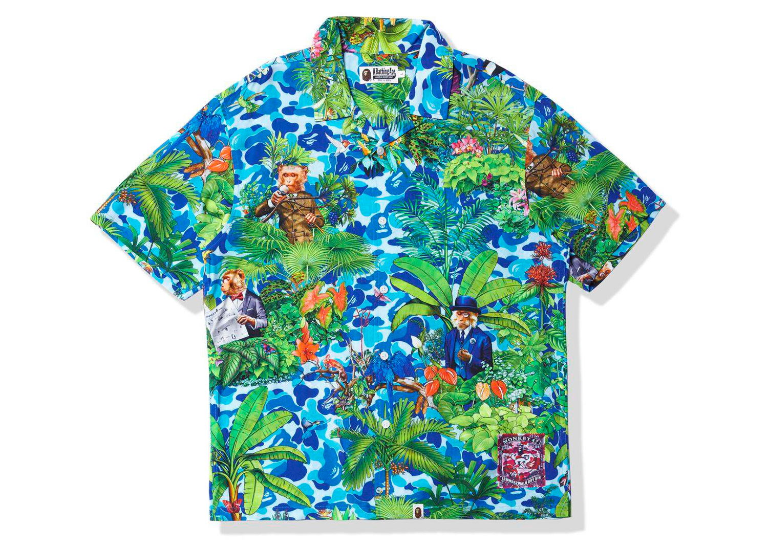 Skjorte BAPE Monkey 47 x Open Collar S/S Shirt Blue Grøn | 1I23-132-901 BLU, 0