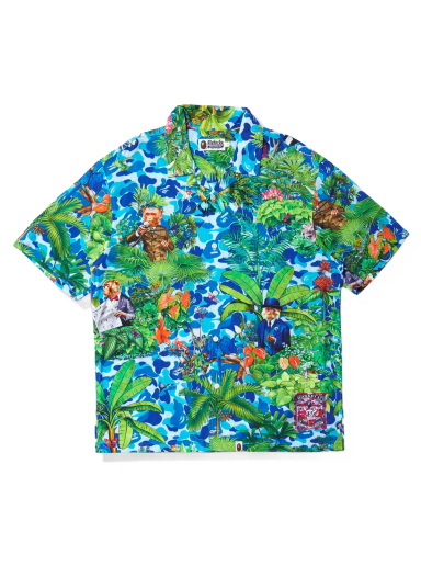 Skjorte BAPE Monkey 47 x Open Collar S/S Shirt Blue Grøn | 1I23-132-901 BLU