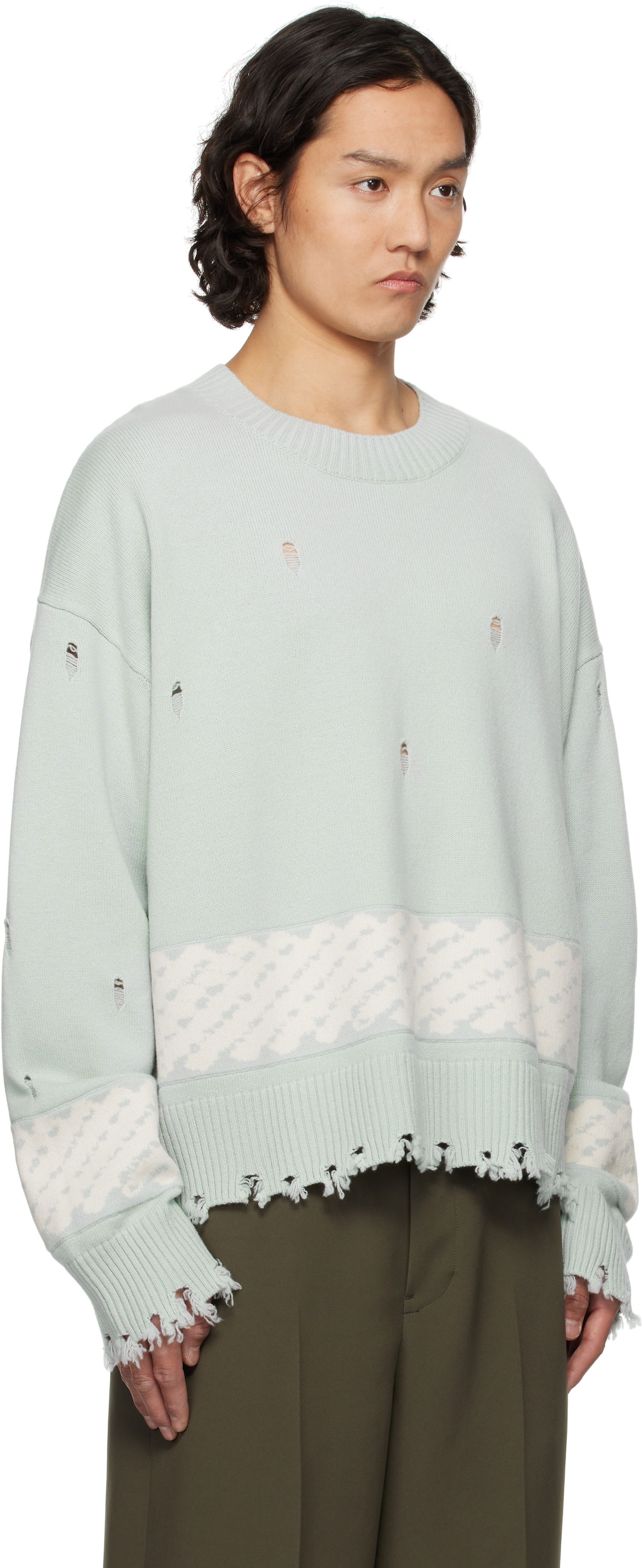 Sweater Feng Chen Wang Feng Chen Wang Ripped Jacquard Sweater Grøn | FUS19KT07, 1