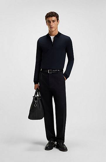 Polo skjorte BOSS Mercerised-cotton long-sleeve quarter-zip polo shirt with two-tone structure Sort | 50549583, 1