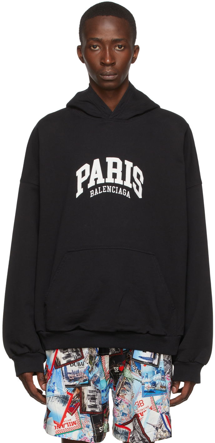 Sweatshirt Balenciaga Paris Logo Cotton Hoodie Sort | 674986-TLVL8-1070