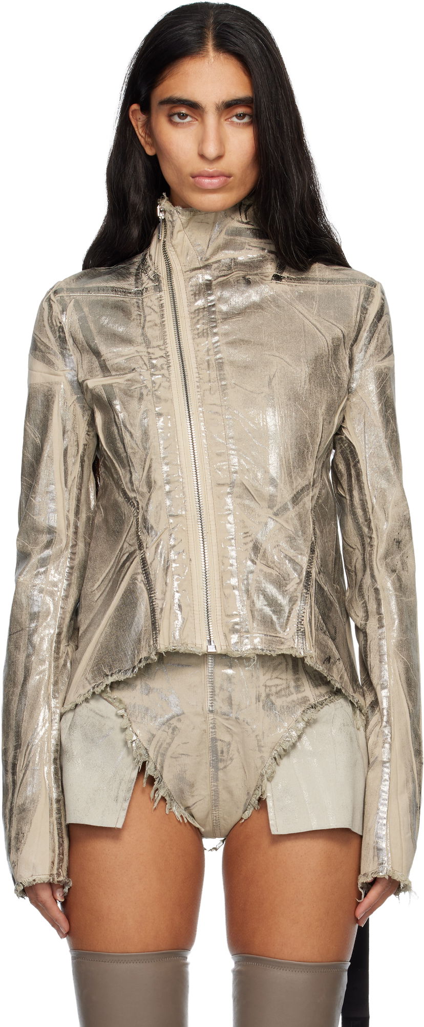 Jakke Rick Owens Concordians Naska Gary Metallic Crinkled Denim Jacket Metalisk | DS02E7703 SDPF