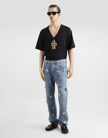 T-shirt Dolce & Gabbana Cotton V-Neck T-Shirt With Jeweled Cross Patch Sort | G8QL3ZG7O4IN0000, 1