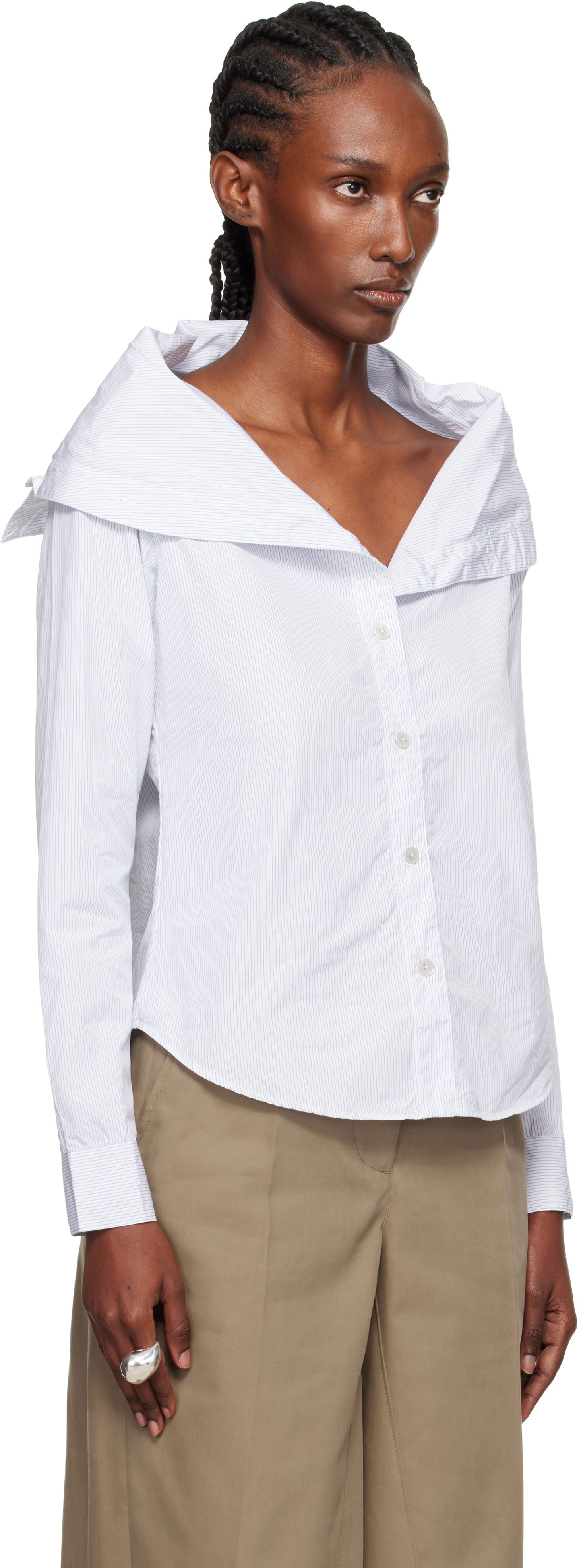 Skjorte OUR LEGACY Kaonashi Pinstriped Long-Sleeve Off-Shoulder Button-Up Shirt Hvid | W4252KD, 1