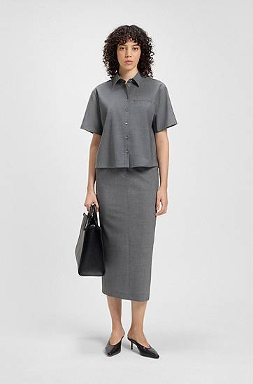 Skjorte BOSS Cropped Virgin Wool Blouse Grå | 50541991, 1