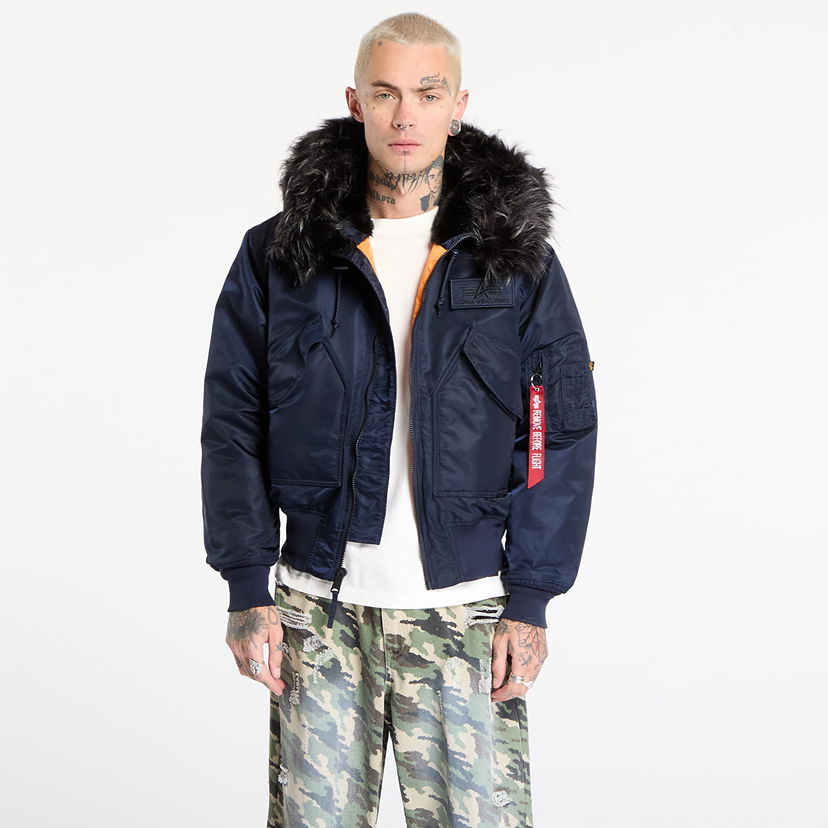 Bomberjakke Alpha Industries Hooded Custom Ultra Bomber Jacket with Faux Fur Trim and Orange Lining Mørkeblå | 113145-697
