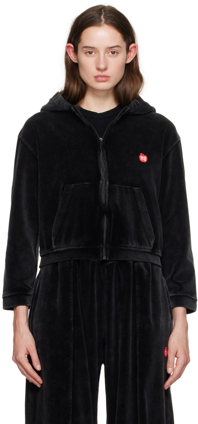 Sweatshirt Alexander Wang Shrunken Velour Zip Hoodie Sort | 4CC1242075