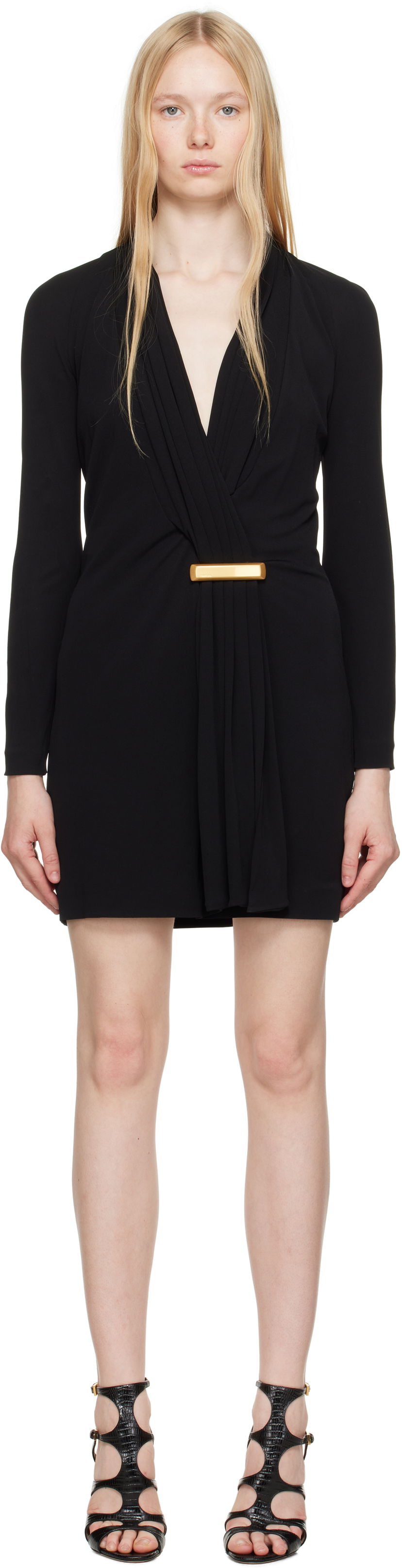 Kjole Tom Ford TOM FORD V-Neck Long Sleeve Cocktail Minidress Sort | ABJ835-JEX131