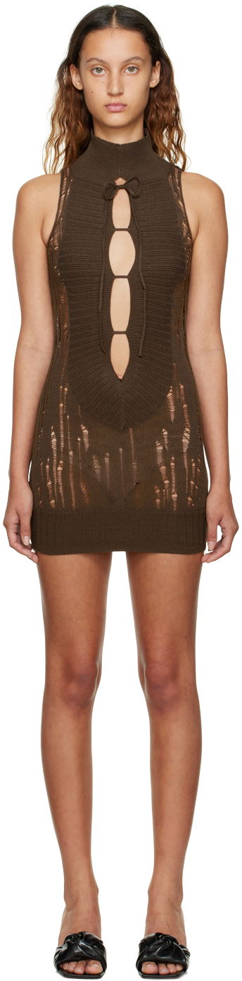 Kjole GUIZIO Guizio Distressed Knit Mini Dress Brun | KTD 2