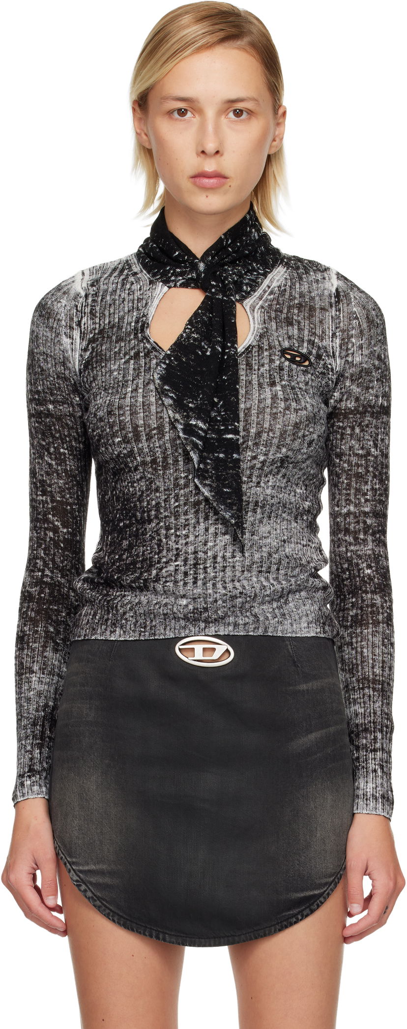 Sweater Diesel M-Elan Distressed Rib Knit Scarf-Neck Sweater Sort | A18866 0BJBR
