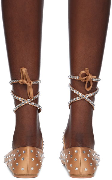Kjole Amina Muaddi Amina Muaddi Ane Crystal Lace Up Ballerina Flats Beige | ANE CRYSTAL LACE UP FLAT SATIN, 1