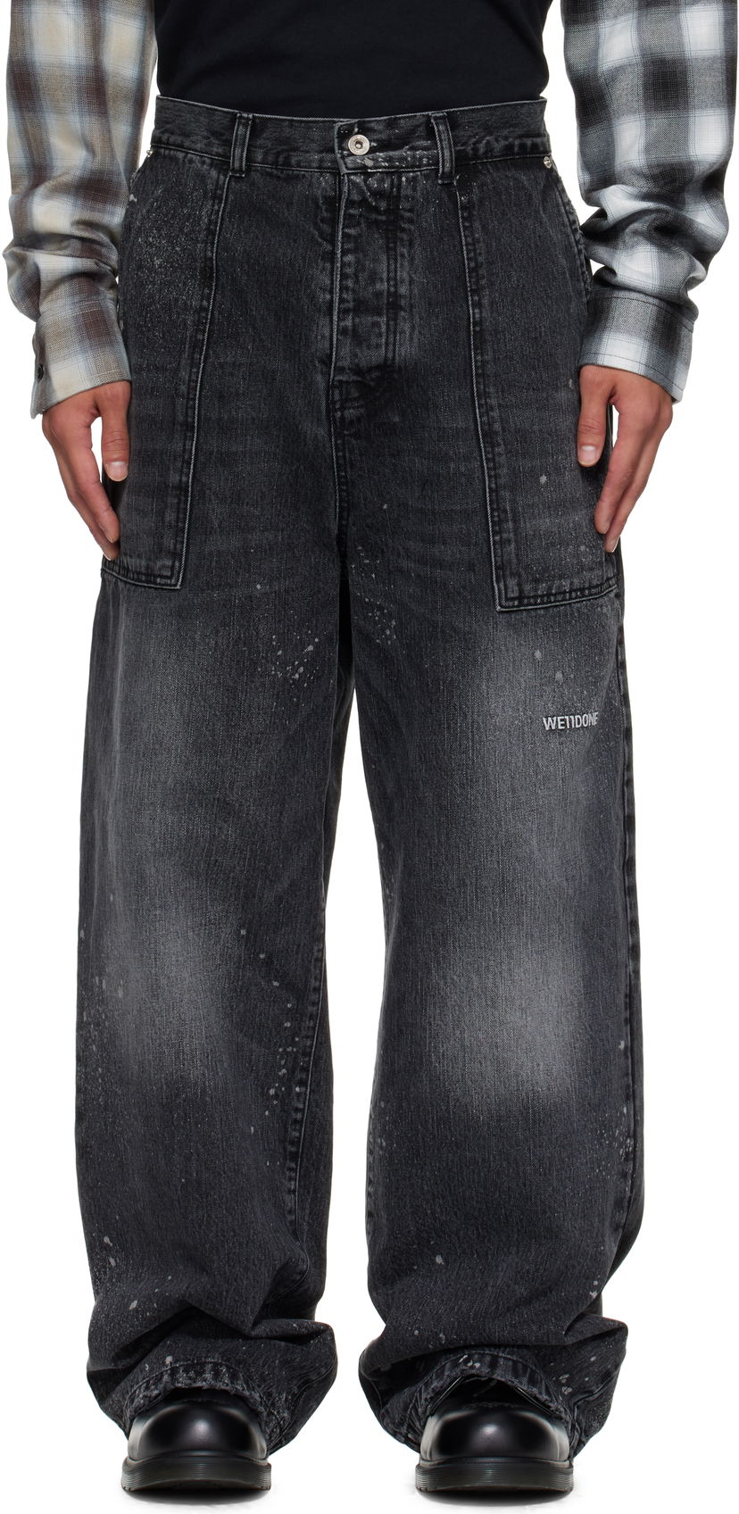 Jeans We11done Carpenter Wide-Leg Distressed Paint Splatter Jeans Sort | WD-DP2-25-340-M-BK