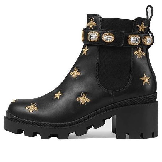 Sneakers og sko Gucci Gucci Stars and Bee Embroidered Leather Ankle Boots with Belt Sort | 557735-AYO10-1000, 0