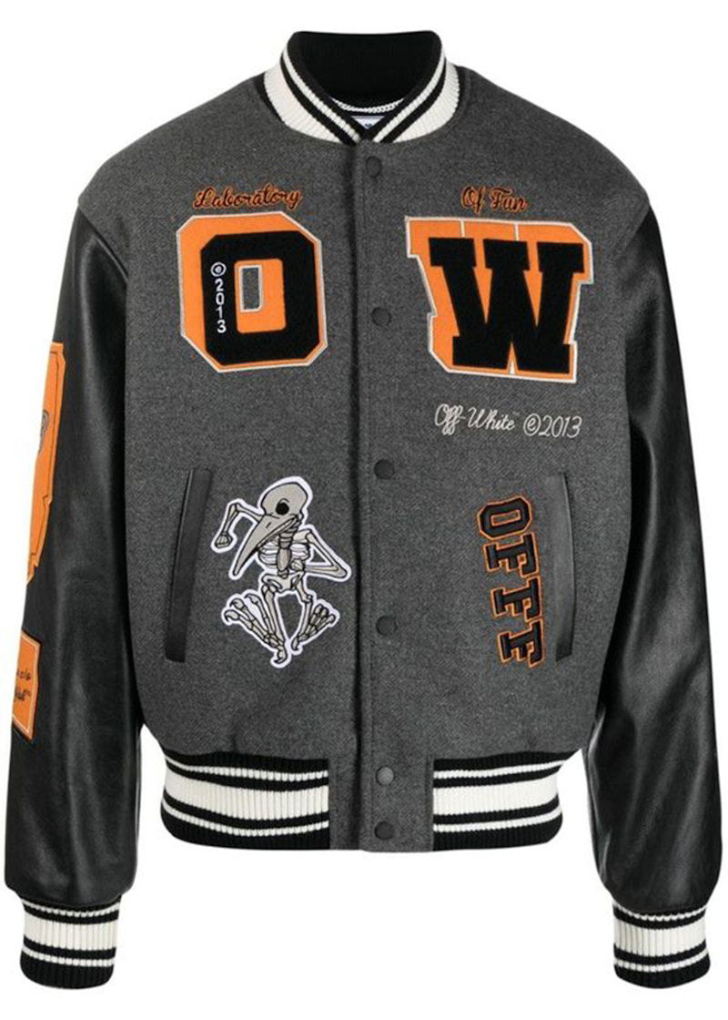 Bomberjakke Off-White Patch Embellished Varsity Bomber Jacket Medium Grey Yellow Black Sort | OMJA059F21LEA0010684