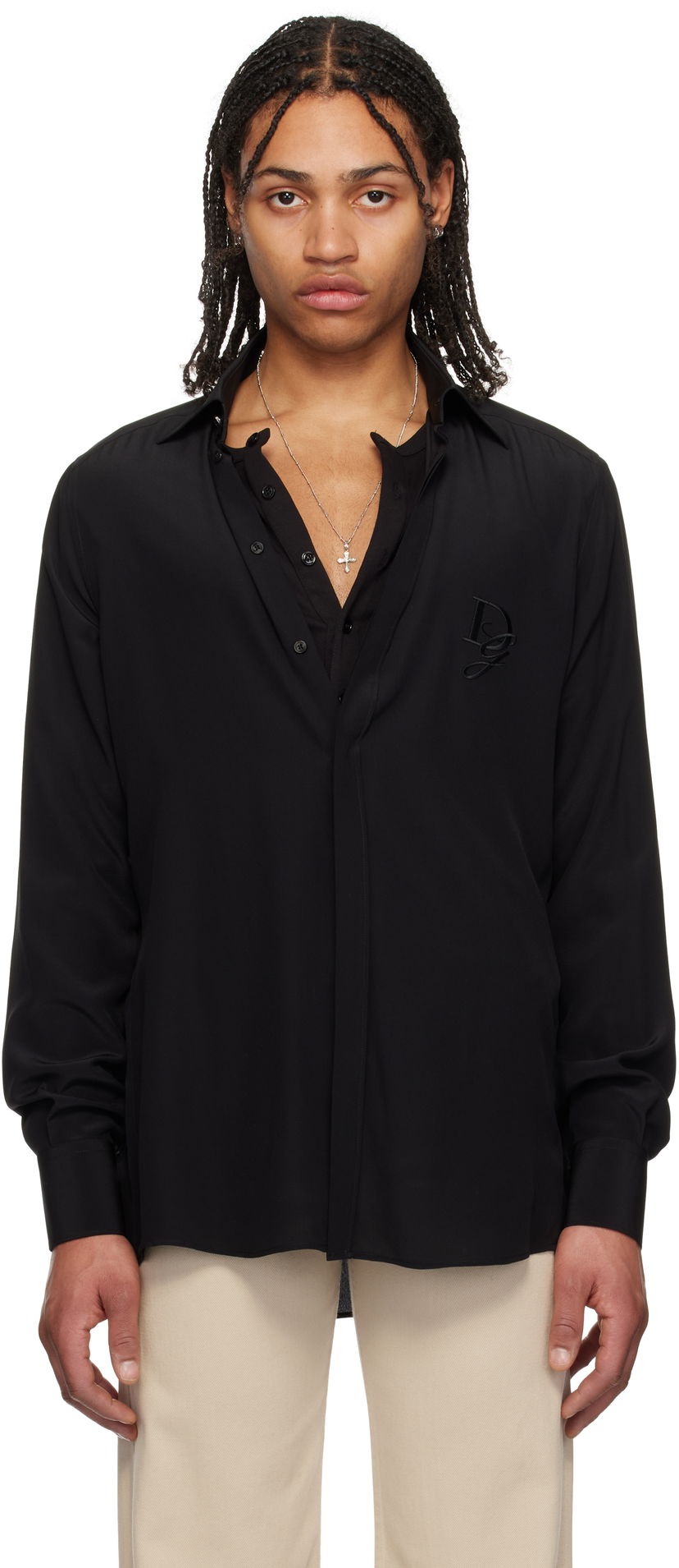 Skjorte Dolce & Gabbana Dolce&Gabbana Silk Logo Embroidered Shirt Sort | G5MO1ZFU1UQ