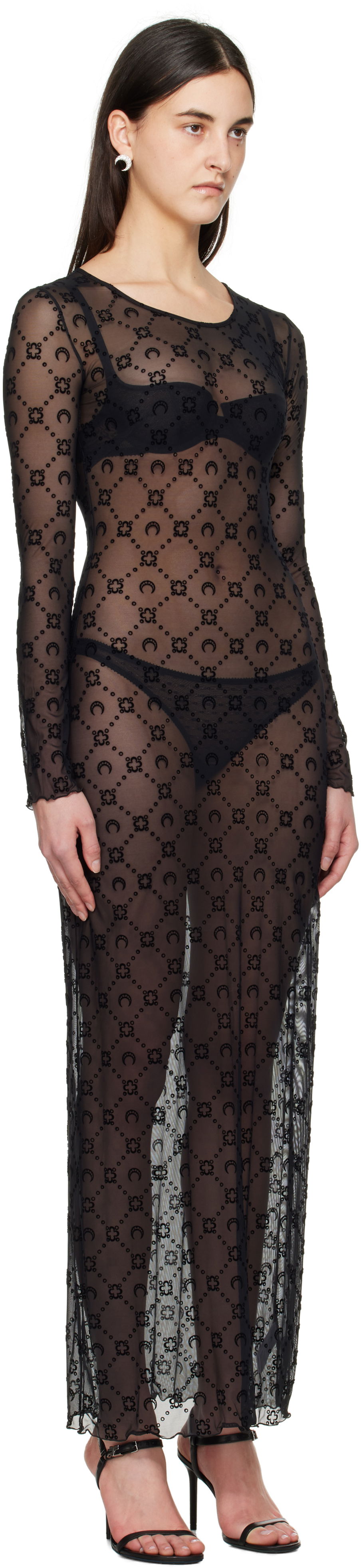 Kjole Marine Serre Marine Serre Moonogram Mesh Flock Maxi Dress Sort | WDR297B CJER0005, 1