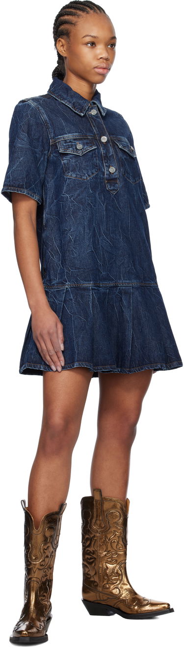 Kjole GANNI Ganni Crinkled Future Denim Mini Dress Blå | J1594, 3