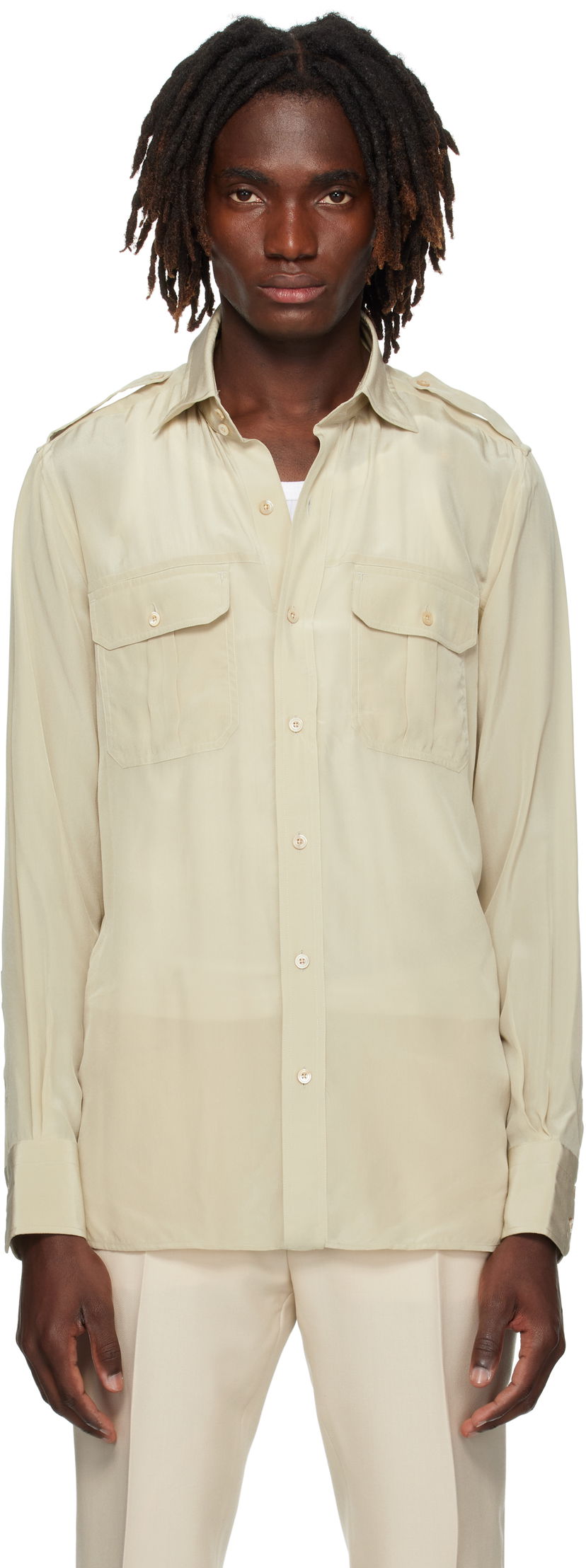 Skjorte Tom Ford TOM FORD Silk Safari Shirt Beige | HMBC03-SPS86