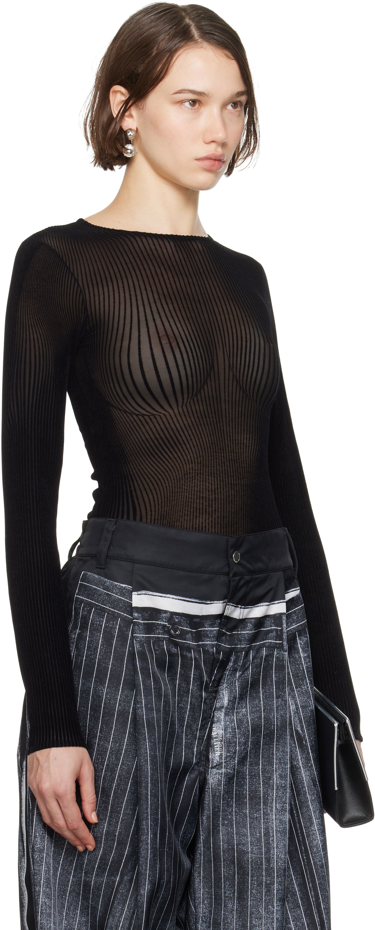 Krop Jean Paul Gaultier Jean Paul Gaultier 'The Morphing Pinstripes' Sheer Bodysuit Sort | 24/31-F-BD055-T570-0000, 1