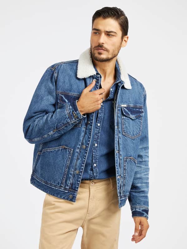 Jakke GUESS Sherpa Collar Denim Jacket Mørkeblå | M4RXN6D4YO1, 0