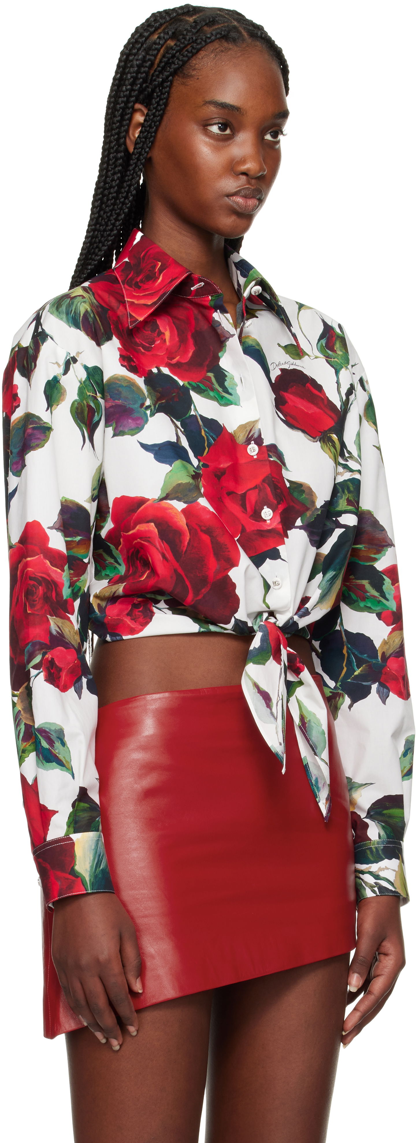 Skjorte Dolce & Gabbana Dolce&Gabbana Rose Print Tie Front Shirt Hvid | F5S65T HS5S2, 1