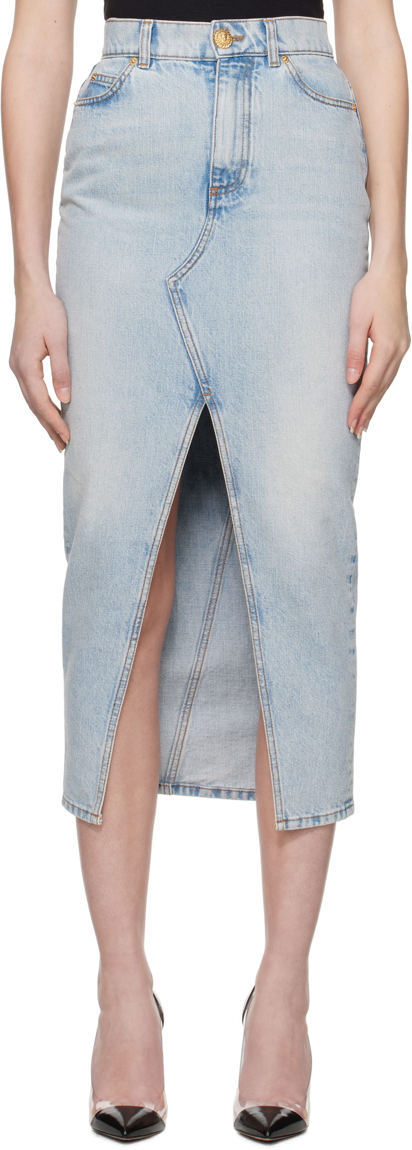 Nederdel Balmain Balmain Denim Midi Skirt with Slit Blå | EF1LD460DF23