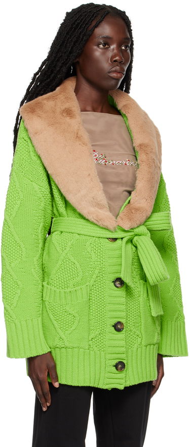 Jakke Blumarine Faux Fur Collar Cable Knit Cardigan Grøn | 2 M220A, 1