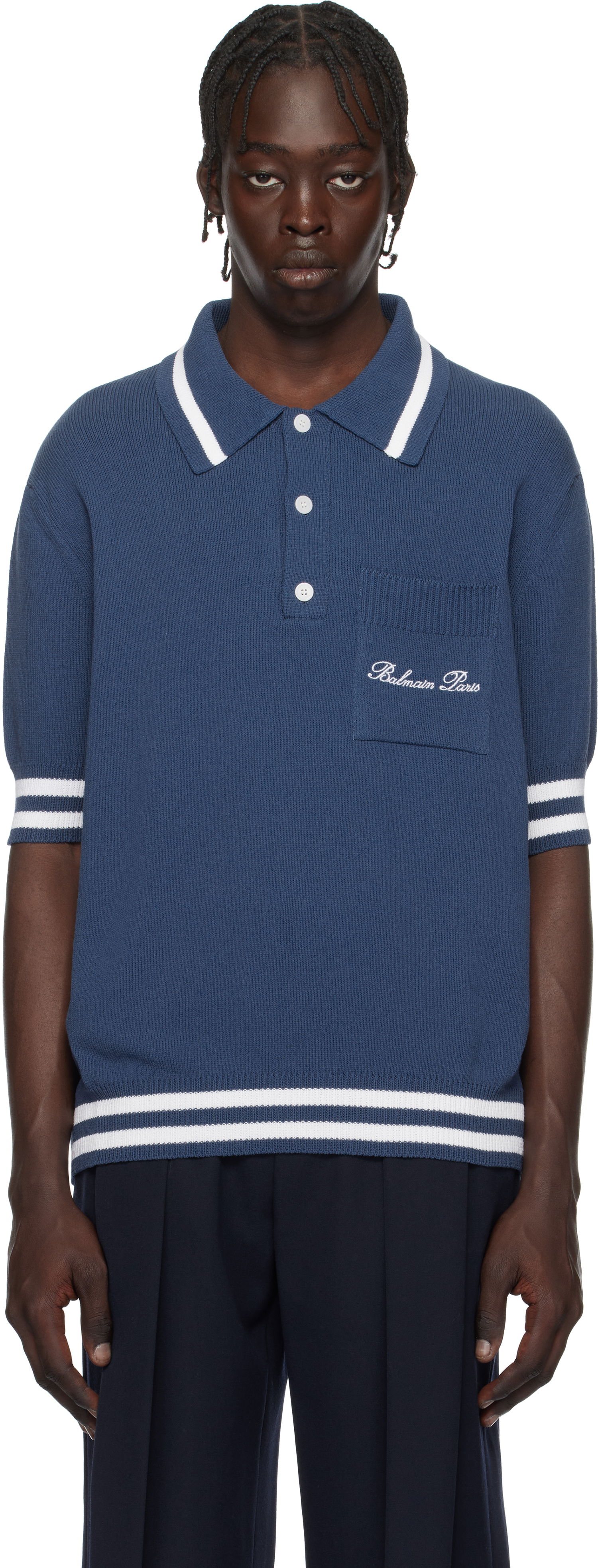 Polo skjorte Balmain Cotton-Blend Knit Polo Shirt Blå | EH1GB046KF96, 0